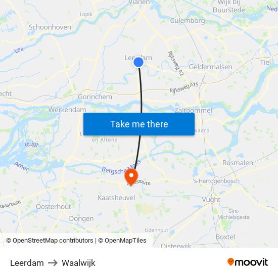 Leerdam to Waalwijk map