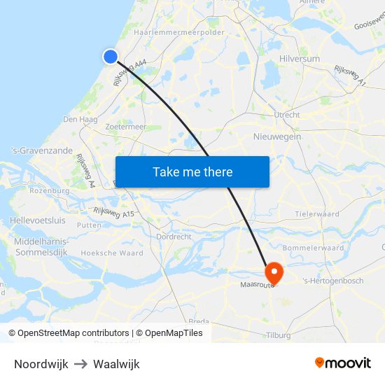 Noordwijk to Waalwijk map