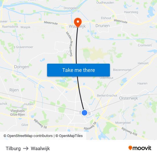 Tilburg to Waalwijk map