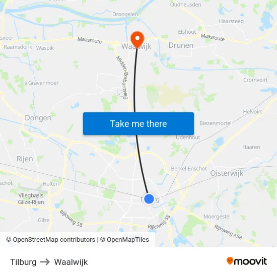 Tilburg to Waalwijk map