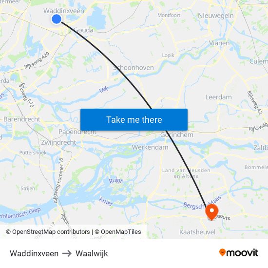 Waddinxveen to Waalwijk map