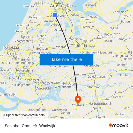 Schiphol-Oost to Waalwijk map