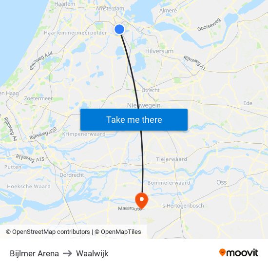 Bijlmer Arena to Waalwijk map