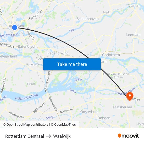 Rotterdam Centraal to Waalwijk map