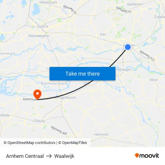 Arnhem Centraal to Waalwijk map
