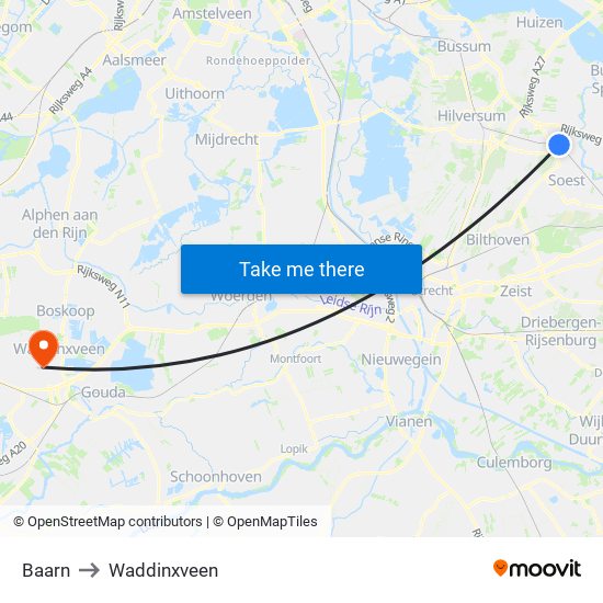 Baarn to Waddinxveen map