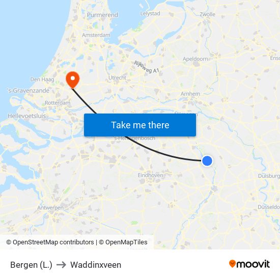 Bergen (L.) to Waddinxveen map
