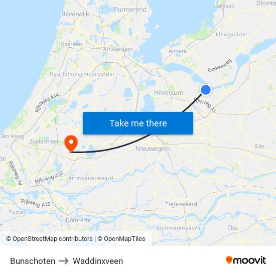 Bunschoten to Waddinxveen map