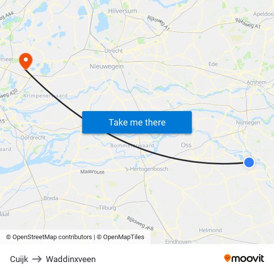 Cuijk to Waddinxveen map