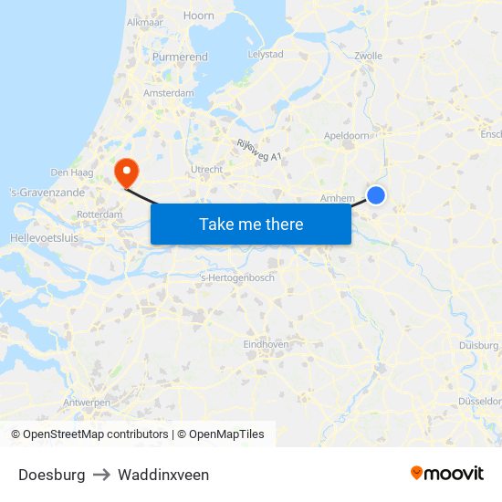 Doesburg to Waddinxveen map