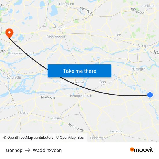 Gennep to Waddinxveen map