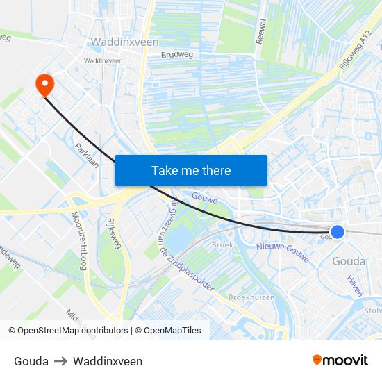 Gouda to Waddinxveen map