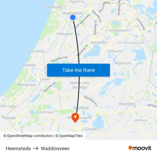 Heemstede to Waddinxveen map