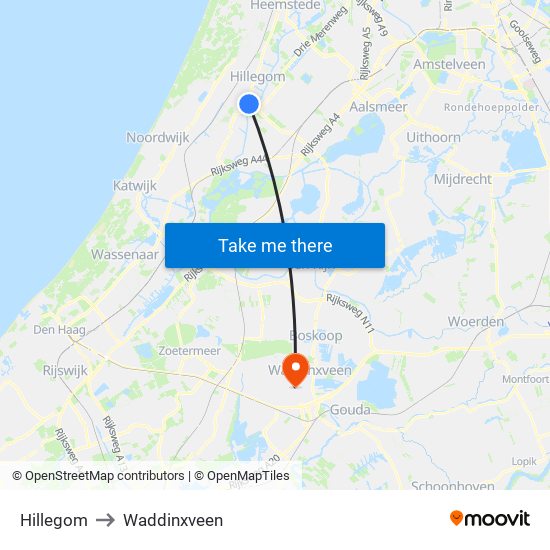 Hillegom to Waddinxveen map