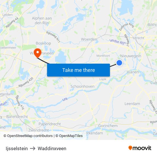 Ijsselstein to Waddinxveen map