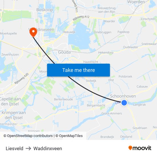 Liesveld to Waddinxveen map