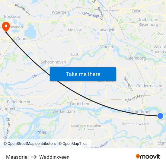 Maasdriel to Waddinxveen map