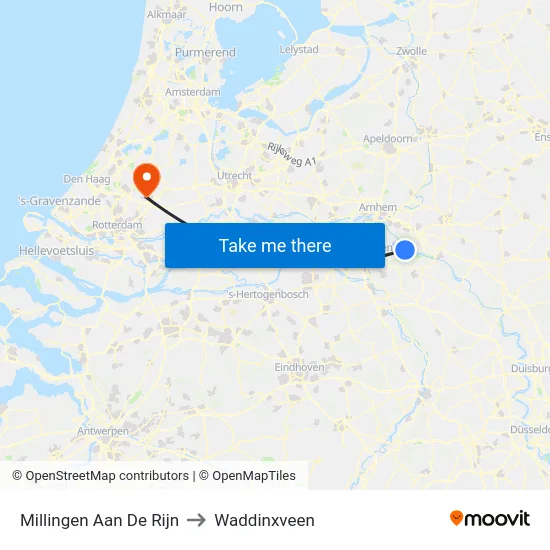 Millingen Aan De Rijn to Waddinxveen map