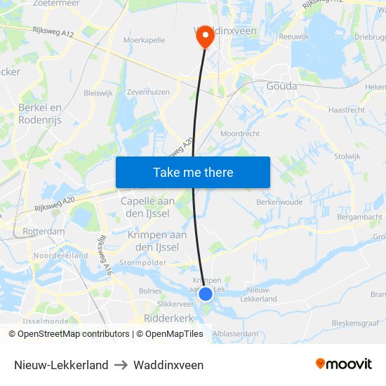 Nieuw-Lekkerland to Waddinxveen map