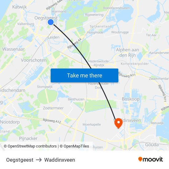 Oegstgeest to Waddinxveen map