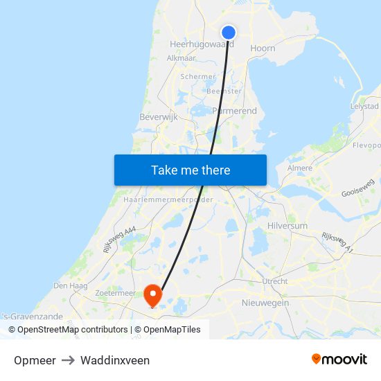 Opmeer to Waddinxveen map