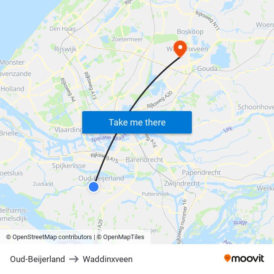 Oud-Beijerland to Waddinxveen map