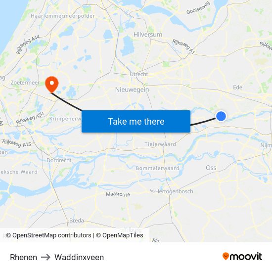 Rhenen to Waddinxveen map