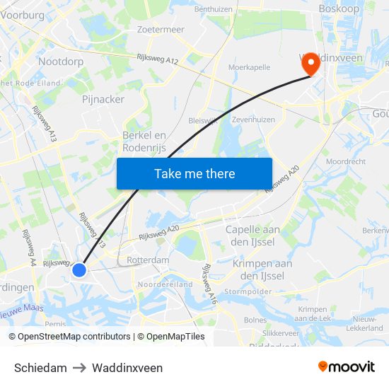 Schiedam to Waddinxveen map