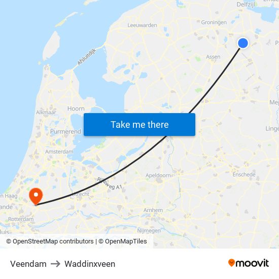 Veendam to Waddinxveen map