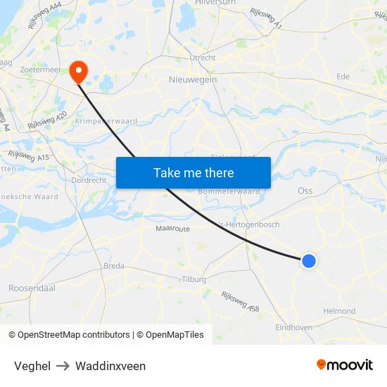 Veghel to Waddinxveen map