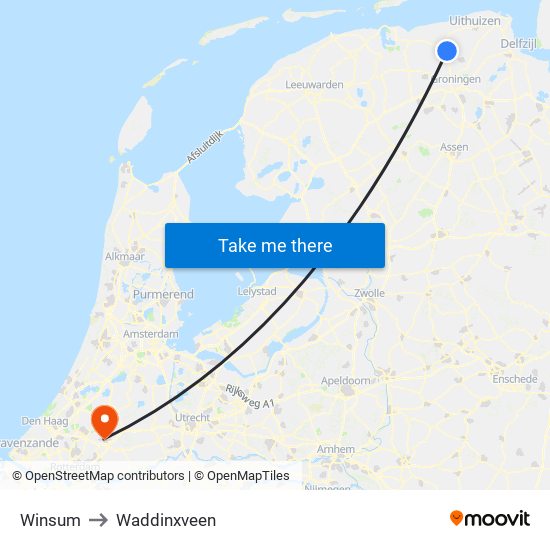 Winsum to Waddinxveen map