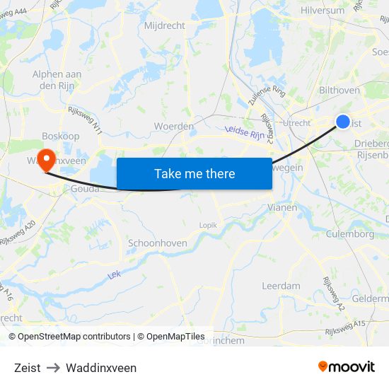 Zeist to Waddinxveen map