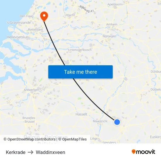 Kerkrade to Waddinxveen map