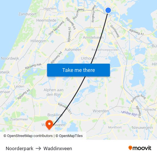 Noorderpark to Waddinxveen map