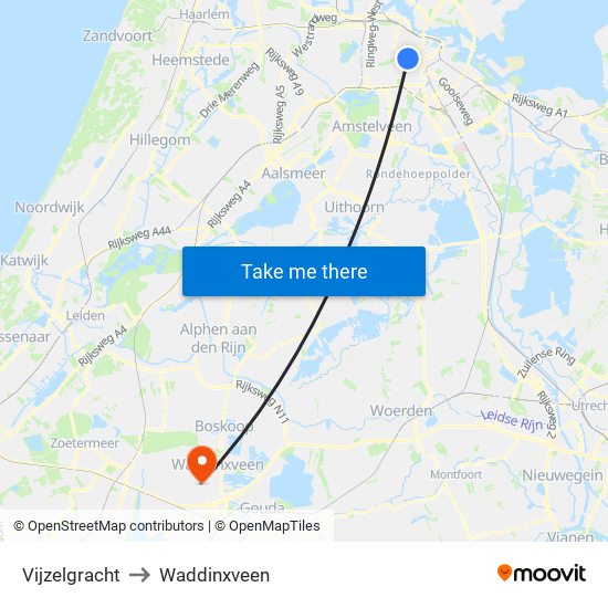 Vijzelgracht to Waddinxveen map