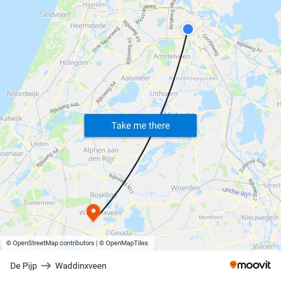 De Pijp to Waddinxveen map