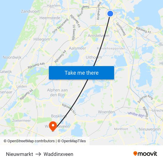Nieuwmarkt to Waddinxveen map