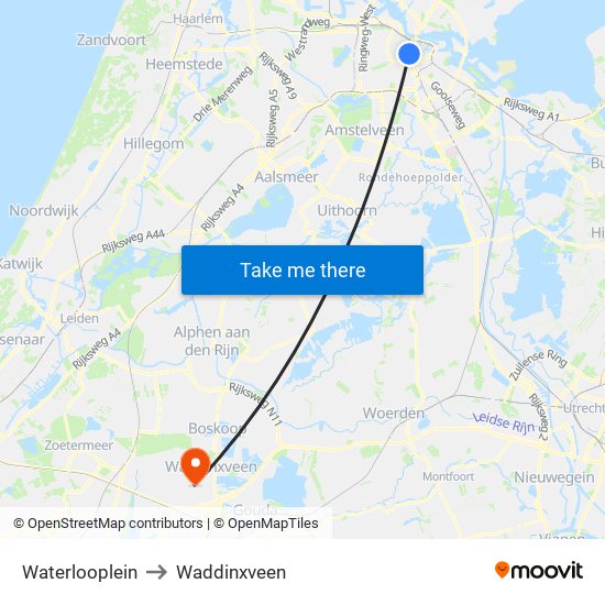Waterlooplein to Waddinxveen map