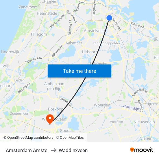 Amsterdam Amstel to Waddinxveen map