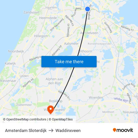 Amsterdam Sloterdijk to Waddinxveen map