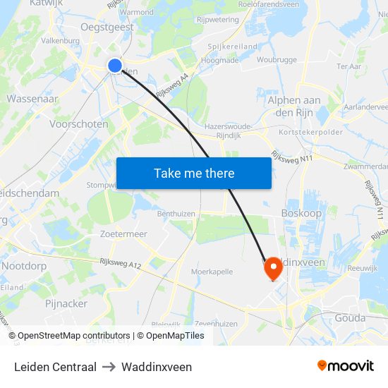 Leiden Centraal to Waddinxveen map