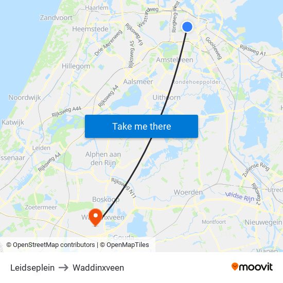 Leidseplein to Waddinxveen map