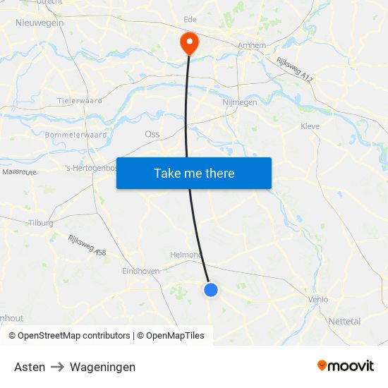 Asten to Wageningen map