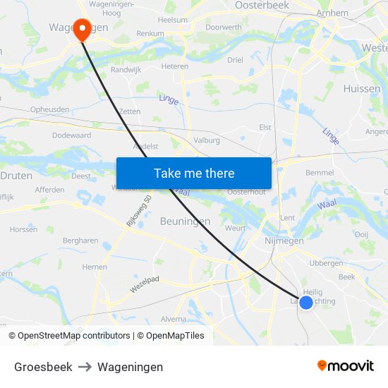 Groesbeek to Wageningen map