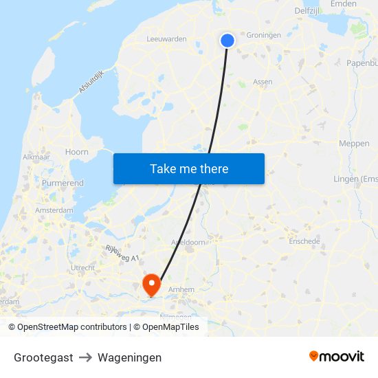 Grootegast to Wageningen map