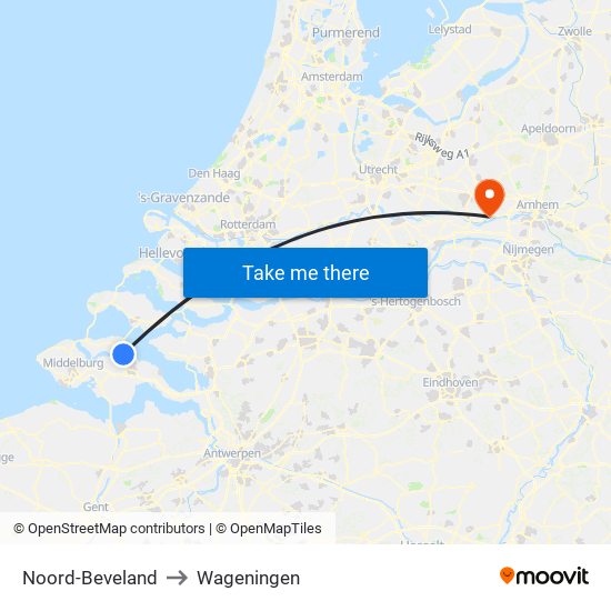 Noord-Beveland to Wageningen map