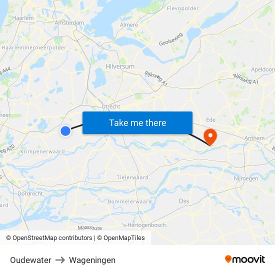 Oudewater to Wageningen map