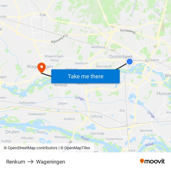 Renkum to Wageningen map