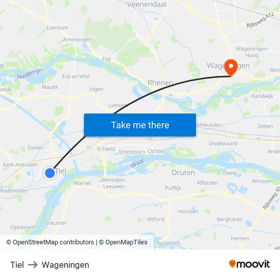 Tiel to Wageningen map