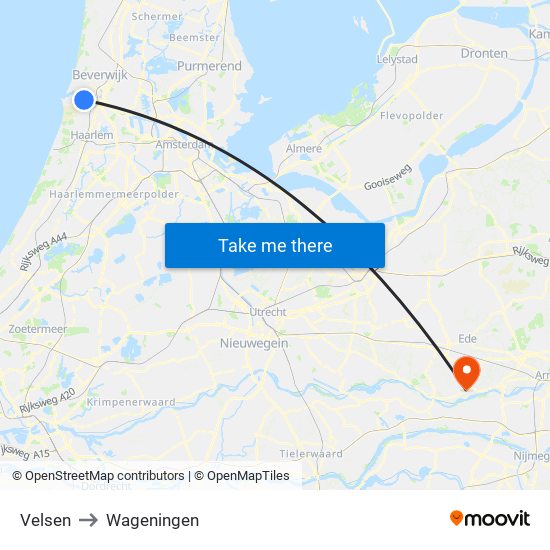 Velsen to Wageningen map